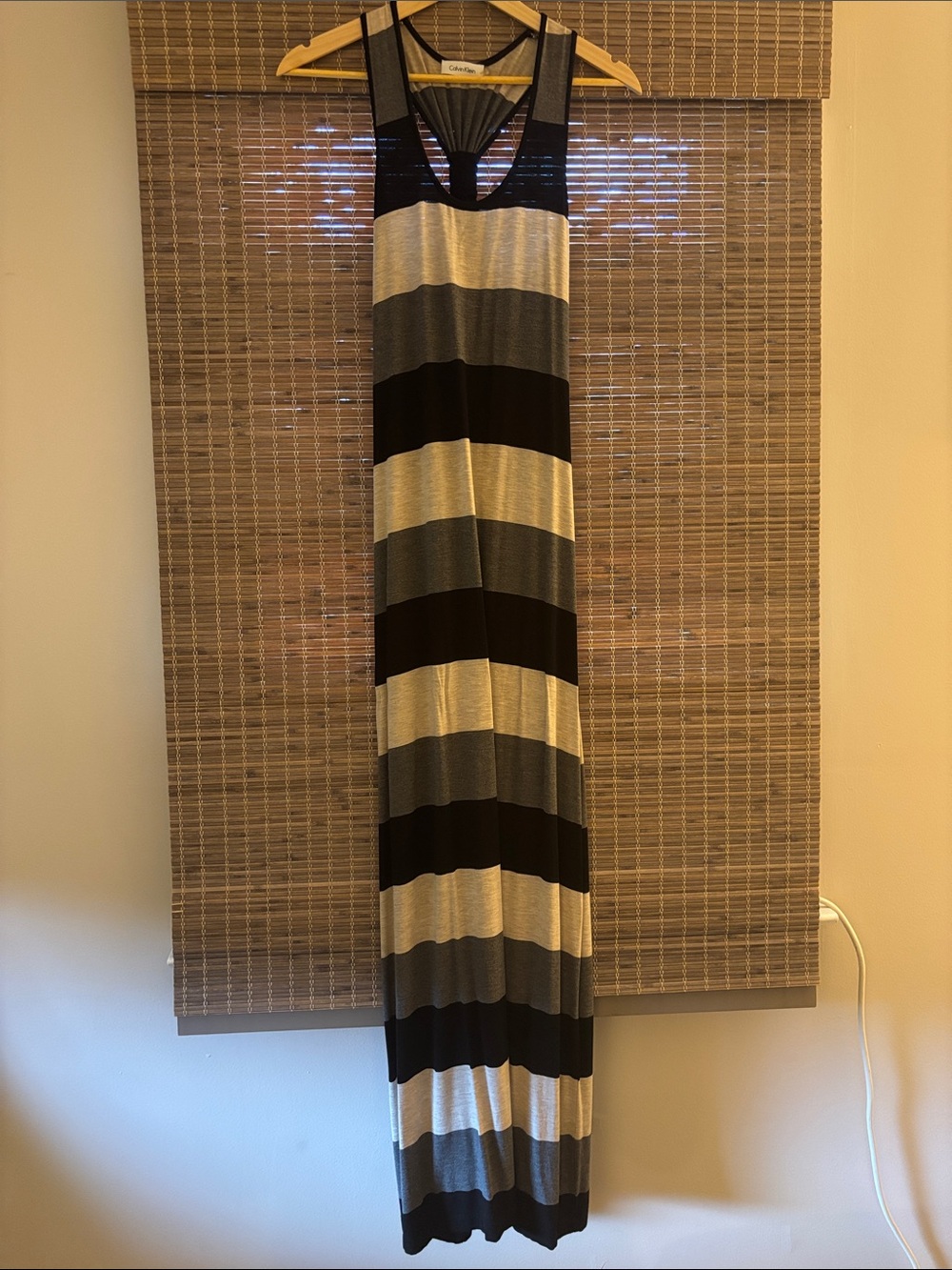 Calvin Klein Black, Gray and Cream Striped Maxi Dress